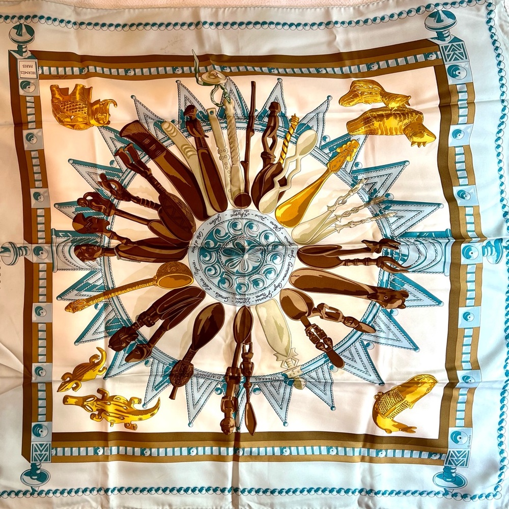Hermès Cuillers d'Afrique light blue silk scarf by Cathy Latham